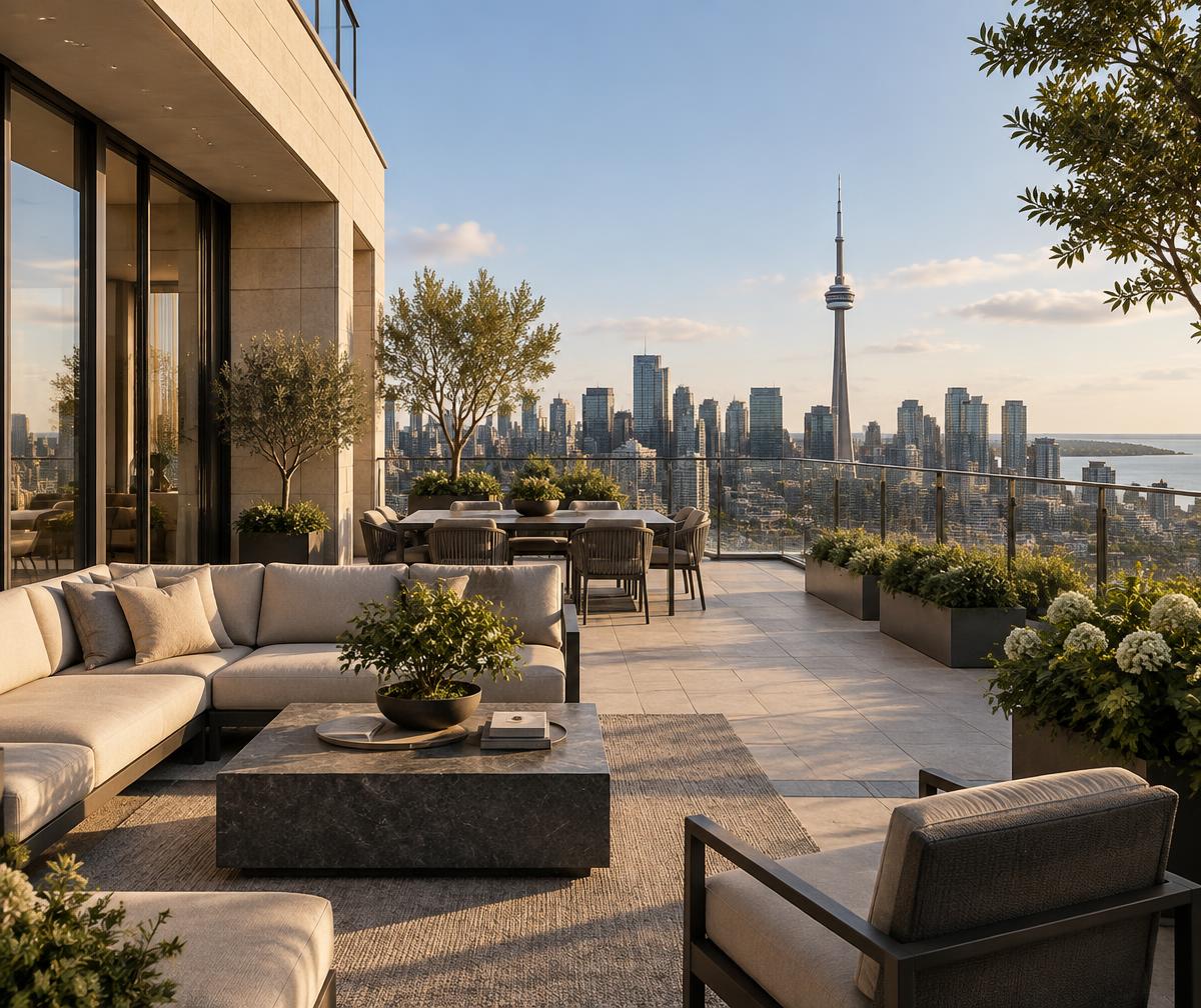 Conceptual penthouse terrace with a Toronto skyline view